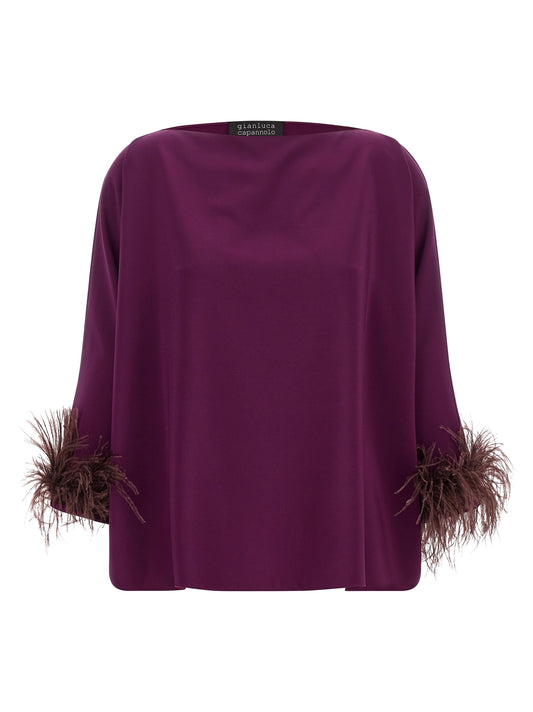 Blouse by Gianluca Capannolo for women in polyamide viscose natural, plum & purple features an polished silhouette, showcasing a sophisticated boat neckline and three-quarter-sleeve detail for a truly polished finish.