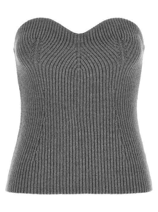 Blouse by Jil Sander for women in virgin wool & polyamide gray features an polished silhouette, showcasing a sophisticated sweetheart strapless neckline and strapless detail for a truly polished finish.