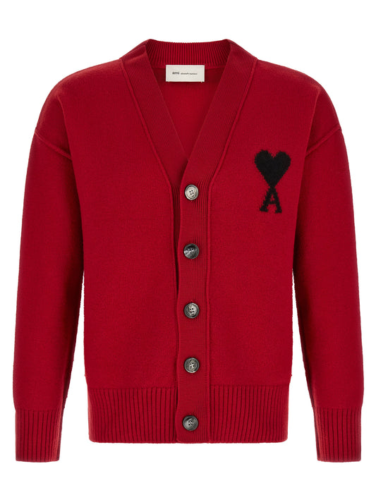 Cardigan by Ami Paris for men in merino wool multicolor, red & ruby features an impeccable silhouette, showcasing a sophisticated v-neck neckline and detail for a truly impeccable finish.