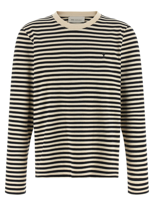 Activewear T-Shirt by Ami Paris for women in organic cotton bicolour, black, white & striped features a versatile silhouette, showcasing a versatile and long-sleeve detailed with high-performance for a premium look.