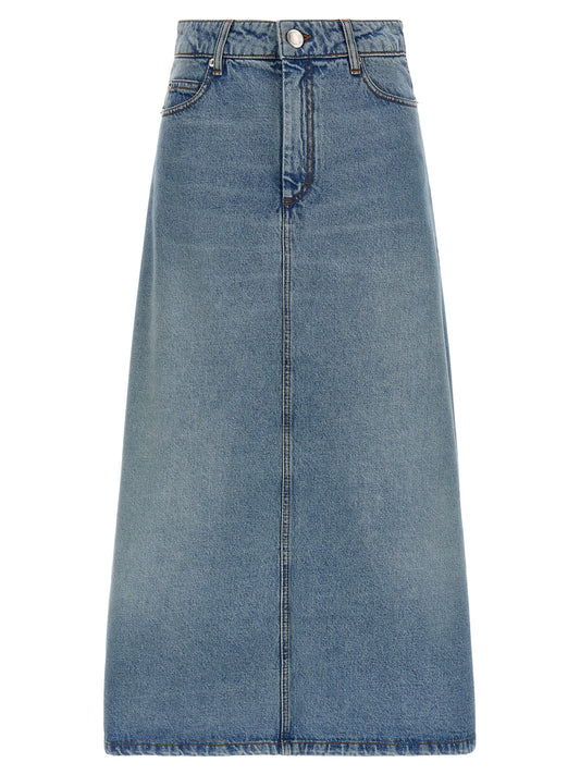 Skirt by Ami Paris for women in denim cotton & nickel blue showcases a sultry silhouette, elegantly defined by its midi and the sophisticated sultry design of the Women's Denim Cotton & Nickel Skirt.