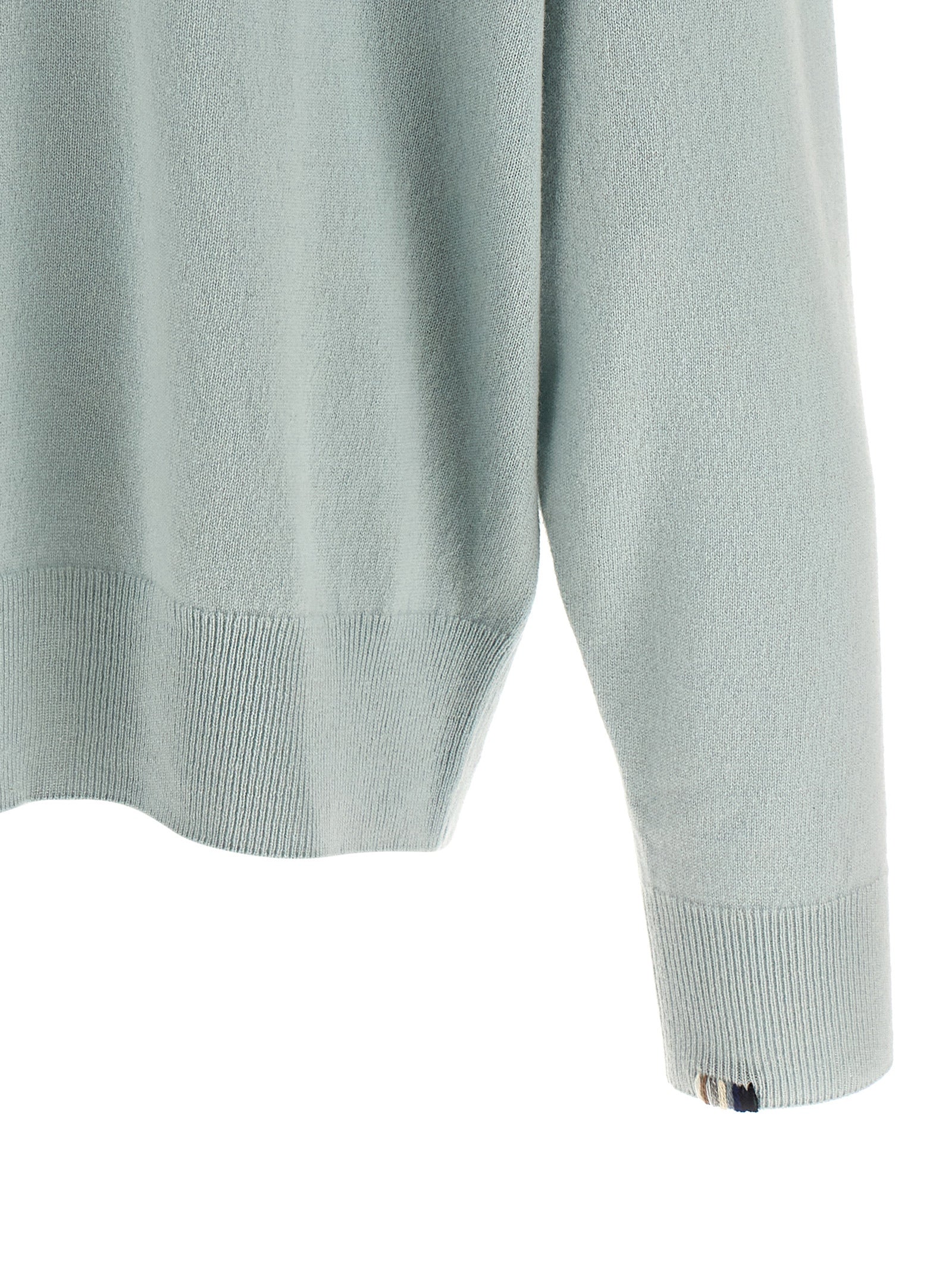 Cardigan by Extreme Cashmere for men in cashmere light-blue & striped showcases a captivating silhouette, artfully detailed with a captivating and crew neckline for a truly sophisticated captivating look.