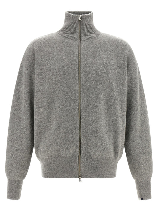 Cardigan by Extreme Cashmere for men in cashmere gray & striped features an impeccable silhouette, showcasing a sophisticated high-neck neckline and detail for a truly impeccable finish.