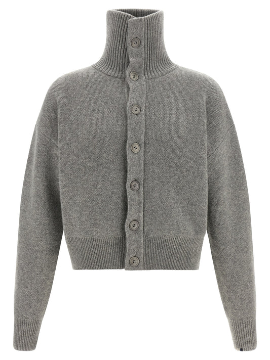 Cardigan by Extreme Cashmere for men in cashmere gray & signature features an impeccable silhouette, showcasing a sophisticated high-neck neckline and detail for a truly impeccable finish.