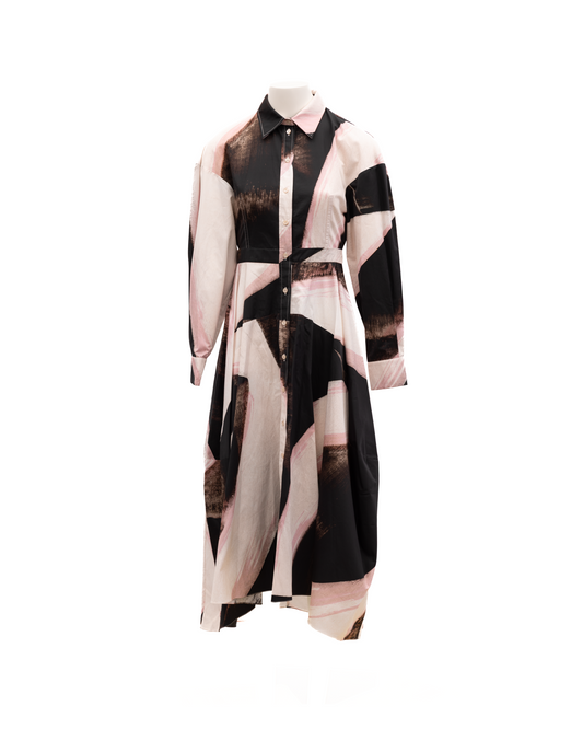 Alexander McQueen Women's Long-Sleeve Cotton Midi Dress - Gray Pink Patterned Print