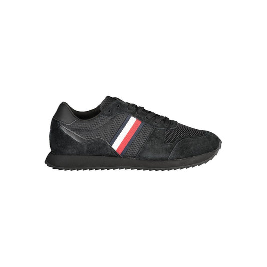 Athletic Sneakers by Tommy Hilfiger for men in polyester polyurethane leather black features an stately silhouette, showcasing the signature athletic style of the Men's Athletic Polyester Polyurethane Leather Sneakers collection with a truly stately finish.