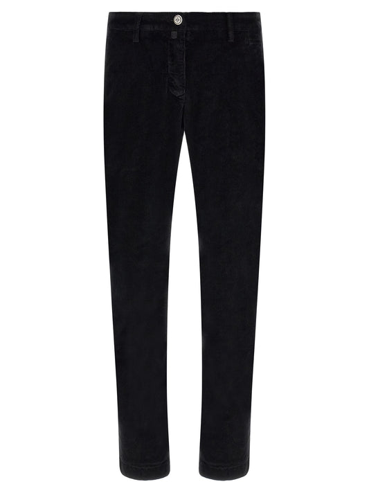 Chinos Pants by Jacob Cohen for men in stretch modal cotton corduroy black, signature & monogram features a modern silhouette, showcasing a modern tapered-leg with a long and for a refined finish.