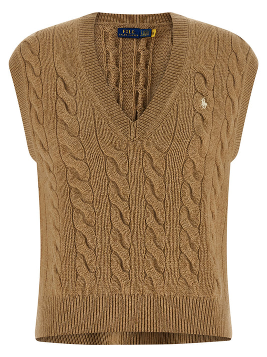 Vest by Polo Ralph Lauren for women in cashmere beige & patterned features an contemporary silhouette, showcasing refined and a contemporary v-neck asymmetric neckline for a sophisticated layered look.