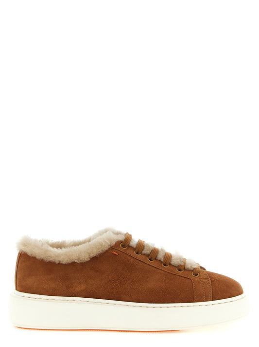 Sneakers by Santoni for women in suede calf & goat leather brown, orange & signature presents a on trend silhouette from the Women's Low Top Suede Calf & Goat Leather Sneakers collection, showcasing a on trend low-top style for an elevated aesthetic.