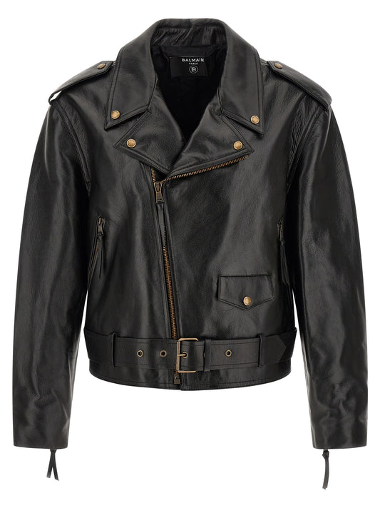 Jacket by Balmain for men in bos taurus cowhide leather black presents a impeccable silhouette, showcasing distinct pockets and a impeccable lapel neckline for a sophisticated finish.