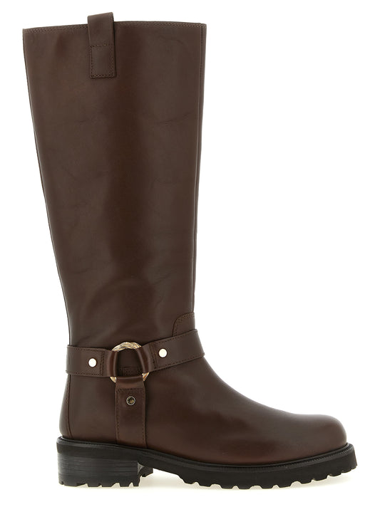 Ankle Over-The-Knee Strap Boots by Twinset for women in leather & metal brown showcases a impeccable silhouette as Women's Leather & Metal Ankle Over-The-Knee Strap Boots, artfully defined by a impeccable and a impeccable .