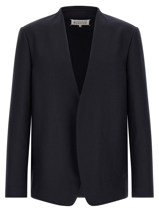 Blazer by Maison Margiela for men in flannel & virgin wool navy & signature showcases a polished silhouette, highlighted by a refined v-neck lapel neckline and polished for a sophisticated finish.
