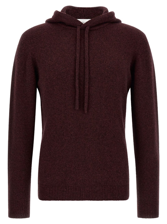 Hooded Cardigan by Roberto Collina for men in polyamide & wool bordeaux & camel showcases a captivating silhouette, artfully detailed with a captivating and hooded neckline for a truly sophisticated captivating look.