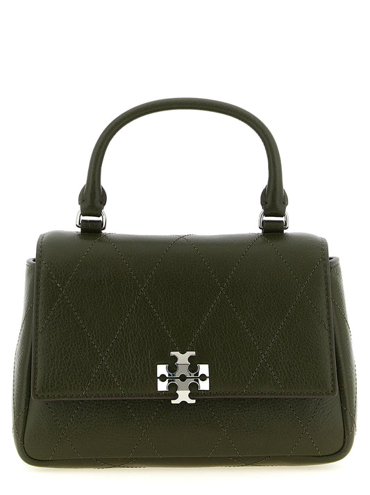 This Mini Flap Handbag by Tory Burch for women in cowhide leather and bicolour, green & signature presents a sculptural silhouette featuring a secure flap, zipper & magnetic, ample , and versatile shoulder-strap & handle for a sculptural finish.