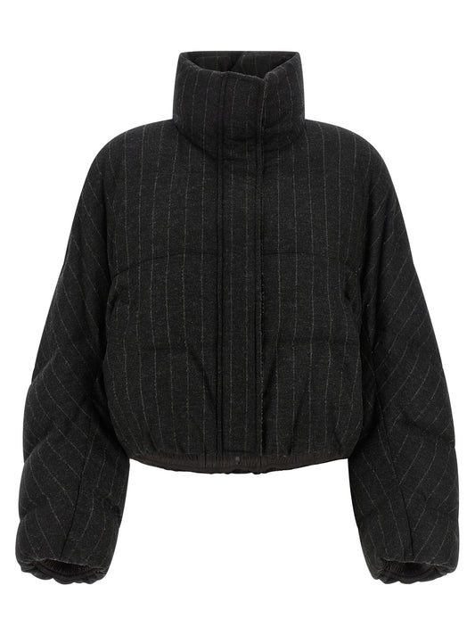 Puffer Jacket by Brunello Cucinelli for women in virgin cashmere wool viscose & sequins gray, patterned & pinstripe features an contemporary silhouette, showcasing a sophisticated and contemporary insulated for a truly refined look.