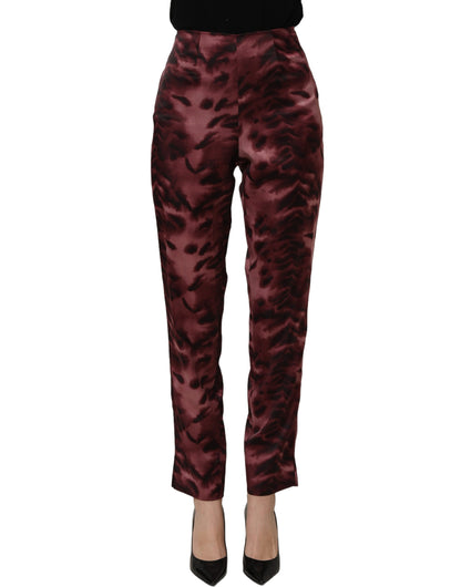 BENCIVENGA Women's Straight High Rise Silk Satin Trousers - Animal Burgundy Patterned Print