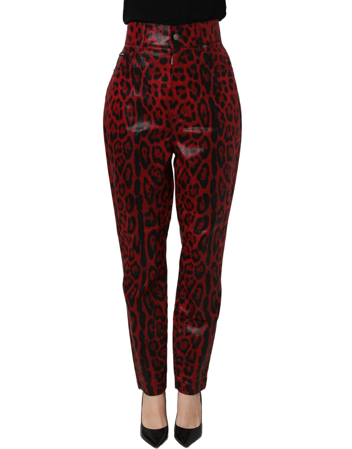 Dolce & Gabbana Women's Skinny Stretch Denim Cotton Jeans - Black Red Leopard Print Print