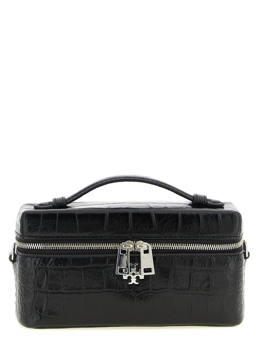 2-in-1 Shoulder & Crossbody East West Tote Handbag by Tory Burch for women in exotic skin leather black, silver & print features a transformative elegance silhouette, showcasing a secure , organized , and versatile crossbody-strap, shoulder-strap, handle & detachable-strap for a transformative elegance look.