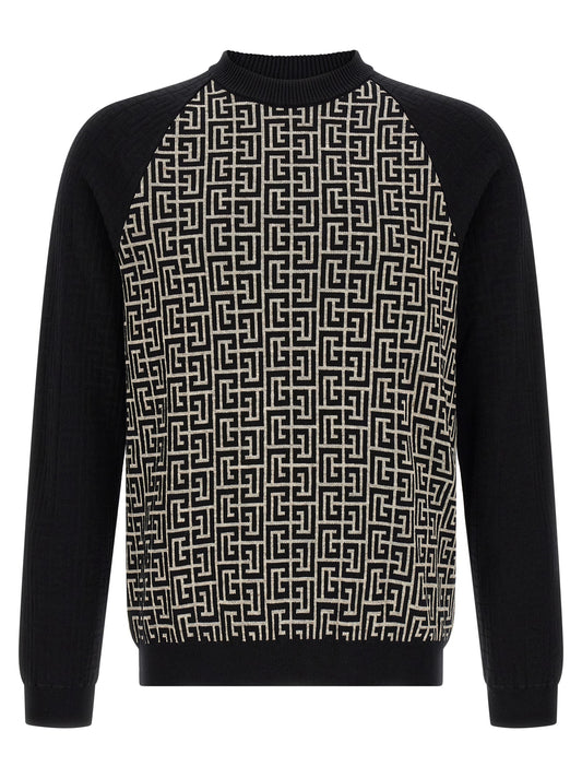 Cardigan by Balmain for men in line polyamide cotton & viscose bicolour, black, ivory, white & monogram features a dramatic silhouette, showcasing a sophisticated crew neckline and dramatic detail for a timeless, premium look.