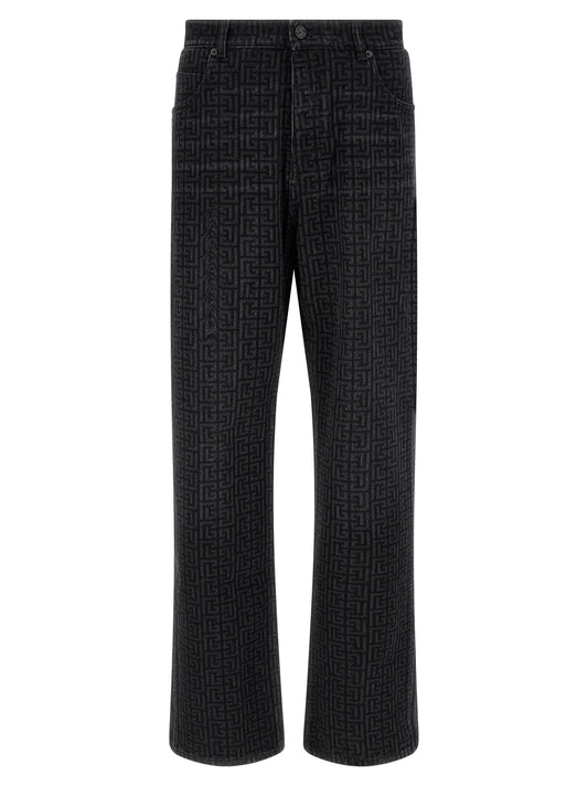 Jeans by Balmain for men in denim cotton black, patterned & monogram features a polished silhouette with a polished straight-leg, reaching a polished long and finished with a polished .