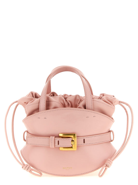 This Small Crossbody Clutch Handbag by Balmain for women in calfskin leather and gold, multicolor & pink presents a sculptural silhouette featuring a secure drawstring & buckle, ample , and versatile shoulder-strap, handle & belt-strap for a sculptural finish.