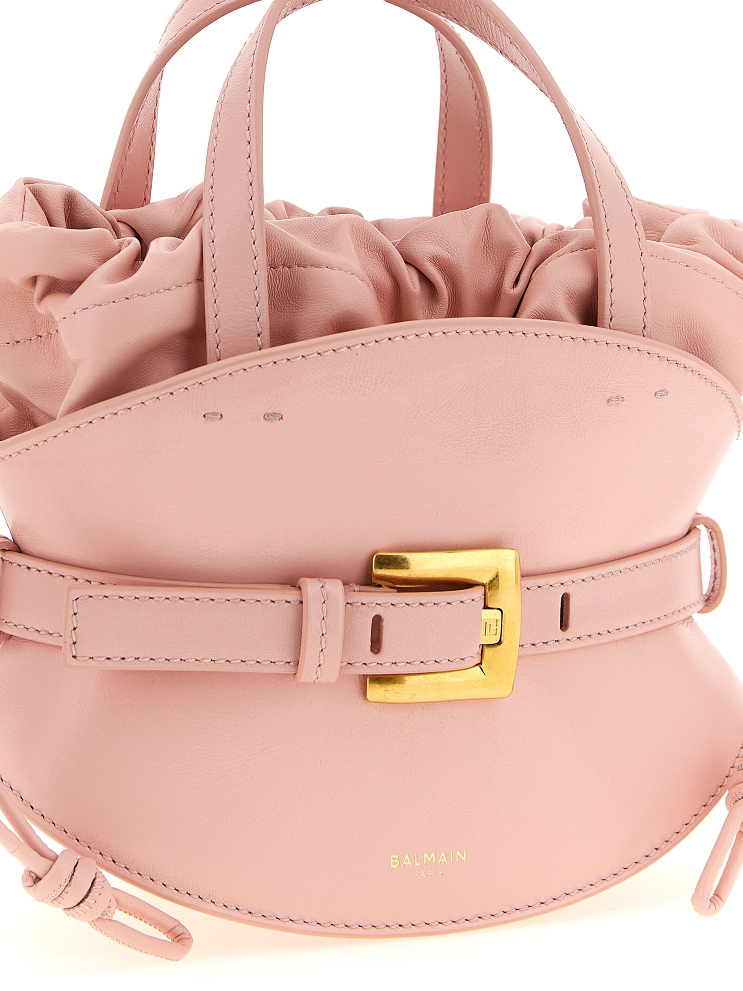 Small Crossbody Clutch Handbag by Balmain for women in calfskin leather gold, multicolor & pink features a refined silhouette, showcasing a secure drawstring & buckle, organized , and versatile shoulder-strap, handle & belt-strap for a refined finish.
