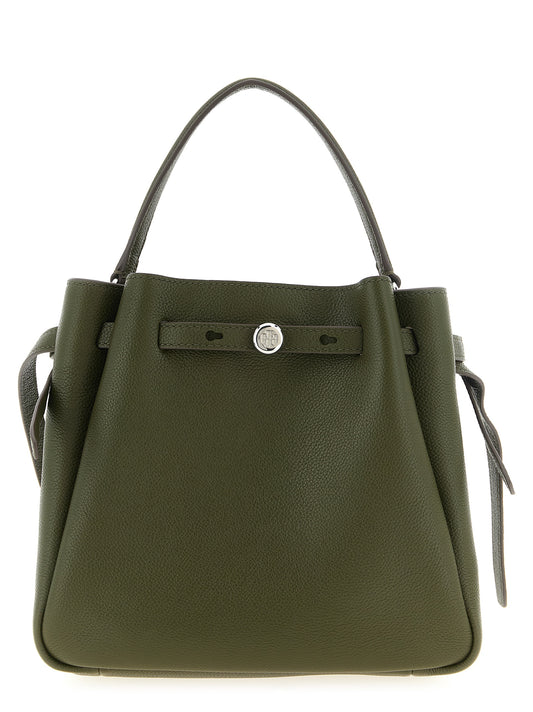 Crossbody Bucket Handbag by Tory Burch for women in bos taurus cowhide leather bicolour, green, olive & silver features a transformative sophistication silhouette, showcasing a secure , ample , and versatile crossbody-strap, shoulder-strap, handle & adjustable-strap for a transformative sophistication look.
