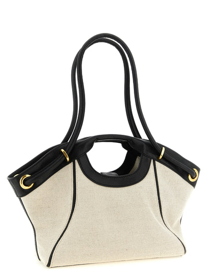 Shopper Tote Clutch Bag by Balmain for women in linen cotton & leather bicolour, black, gold & white showcases a urban-chic Linen Cotton & Leather Shopper Tote Clutch Bag design, featuring a secure snap, ample , and versatile handle & adjustable-strap for a urban-chic finish.