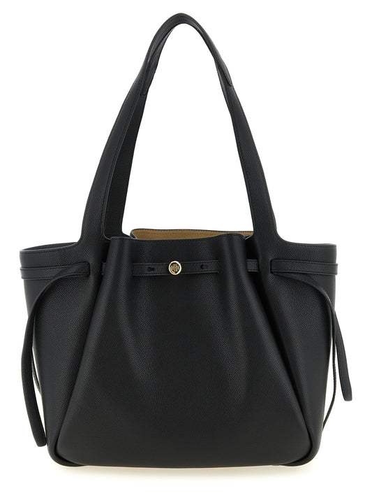 Tote Bag by Tory Burch for women in bos taurus cowhide leather black & gold features a urban sophisticate Romy Bos Taurus Cowhide Leather Tote Bag design with a secure zipper, ample , and versatile handle for a urban sophisticate finish.