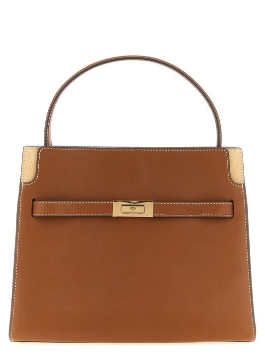 Small Crossbody Handbag by Tory Burch for women in bos taurus suede cowhide leather brown & gold features an multi-faceted design with a secure , ample , and versatile crossbody-strap, handle & adjustable-strap for a multi-faceted finish.