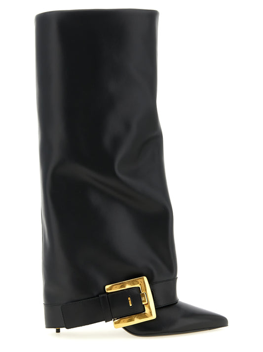 Ankle Over-The-Knee Strap Boots by Balmain for women in calfskin leather black & gold showcases a impeccable silhouette as Anthem Women's Calfskin Leather Ankle Over-The-Knee Strap Boots, artfully defined by a impeccable and a impeccable .