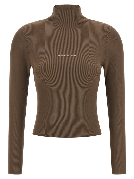 Cardigan by Alexander Wang for women in polyamide beige, brown & jacquard features a nuanced silhouette with a refined turtle high-neck neckline and nuanced long-sleeve detailing for a sophisticated look.