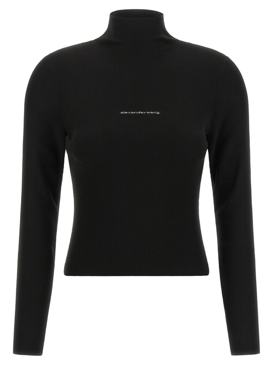 Cardigan by Alexander Wang for women in polyamide black, jacquard & signature presents a textural silhouette, artfully finished with a textural turtle high-neck neckline and long-sleeve for a sophisticated, textural look.