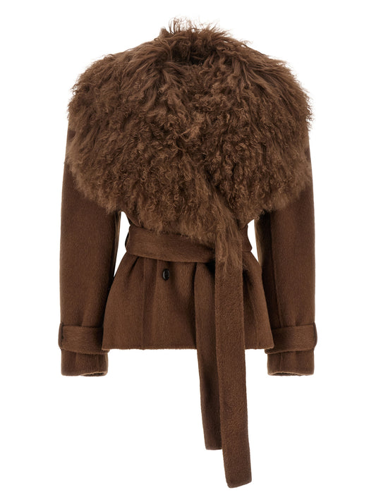 Overcoat by Giuseppe Di Morabito for women in silk & alpaca wool brown features a cosy chic silhouette, artfully detailed with a sophisticated and premium for a cosy chic finish.