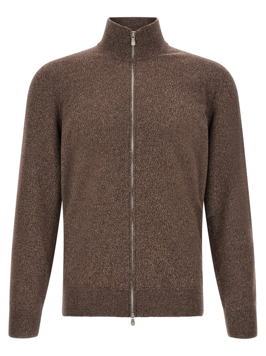 Cardigan by Brunello Cucinelli for men in cashmere brown features an impeccable silhouette, showcasing a sophisticated high-neck neckline and detail for a truly impeccable finish.