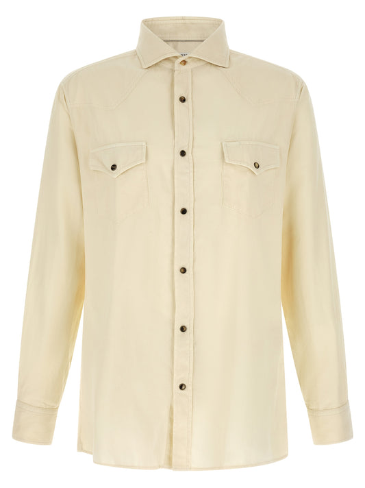 Shirt by Brunello Cucinelli for men in velvet cotton corduroy cream & white features an polished silhouette, showcasing a sophisticated and detail for a truly polished finish.