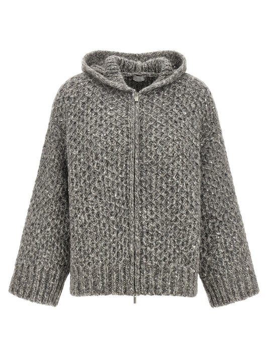 Hooded Cardigan by Peserico for women in alpaca wool & sequins gray showcases a luxurious silhouette, meticulously detailed with a sophisticated hooded neckline and for a refined finish.