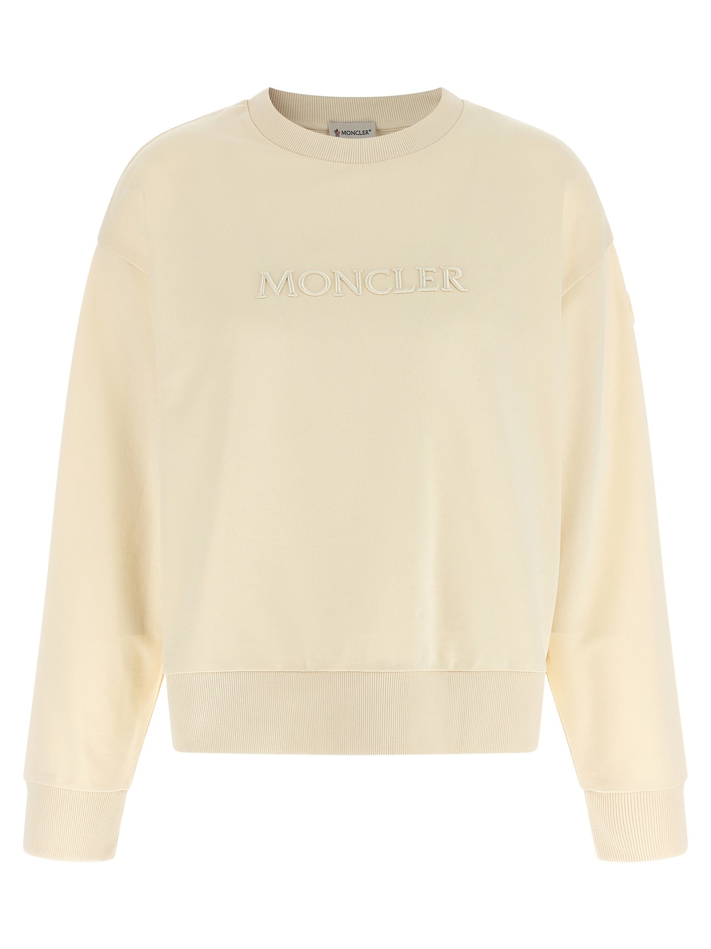 Activewear Sweatshirt by Moncler for women in cotton felt beige & signature presents a sporty silhouette, showcasing a sophisticated crew neckline and detailed with premium for a sporty finish.