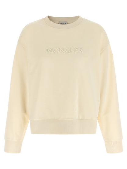 Activewear Sweatshirt by Moncler for women in cotton felt beige & signature presents a sporty silhouette, showcasing a sophisticated crew neckline and detailed with premium for a sporty finish.