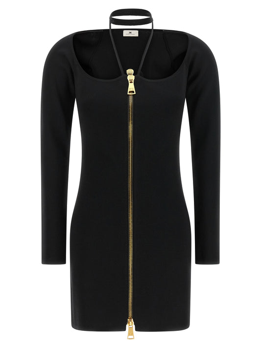 Dress by Elisabetta Franchi for women in polyamide & viscose black & gold features a dramatic silhouette, showcasing an elegant wide-neck halter neckline and that flows into a dramatic short mini.