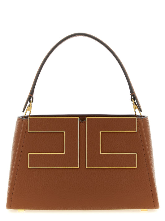 Handbag by Elisabetta Franchi for women in polyester & polyurethane brown, gold & signature features a contemporary silhouette, showcasing a secure zipper, ample , and contemporary adjustable-strap & handle for a sophisticated look.