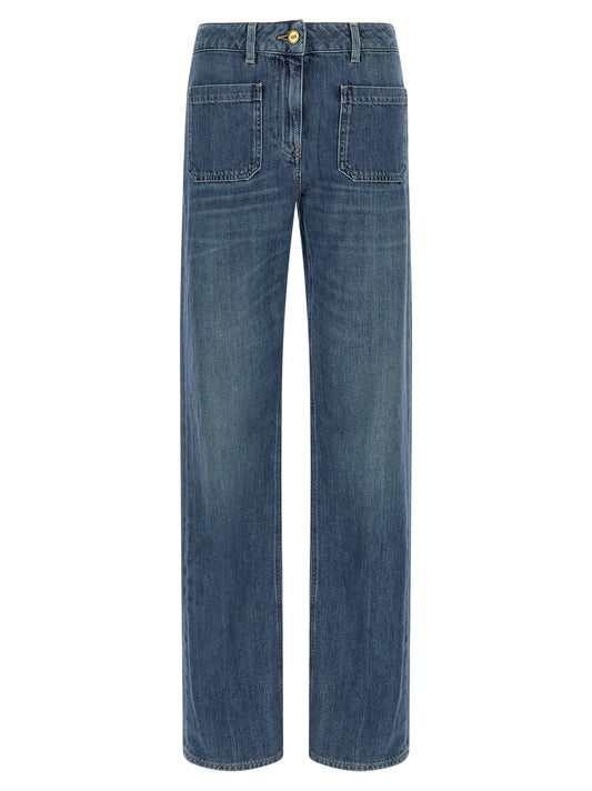 Jeans by Elisabetta Franchi for women in denim cotton blue & gold features a refined silhouette with a refined straight-leg, defined by a and a refined long for a refined finish.
