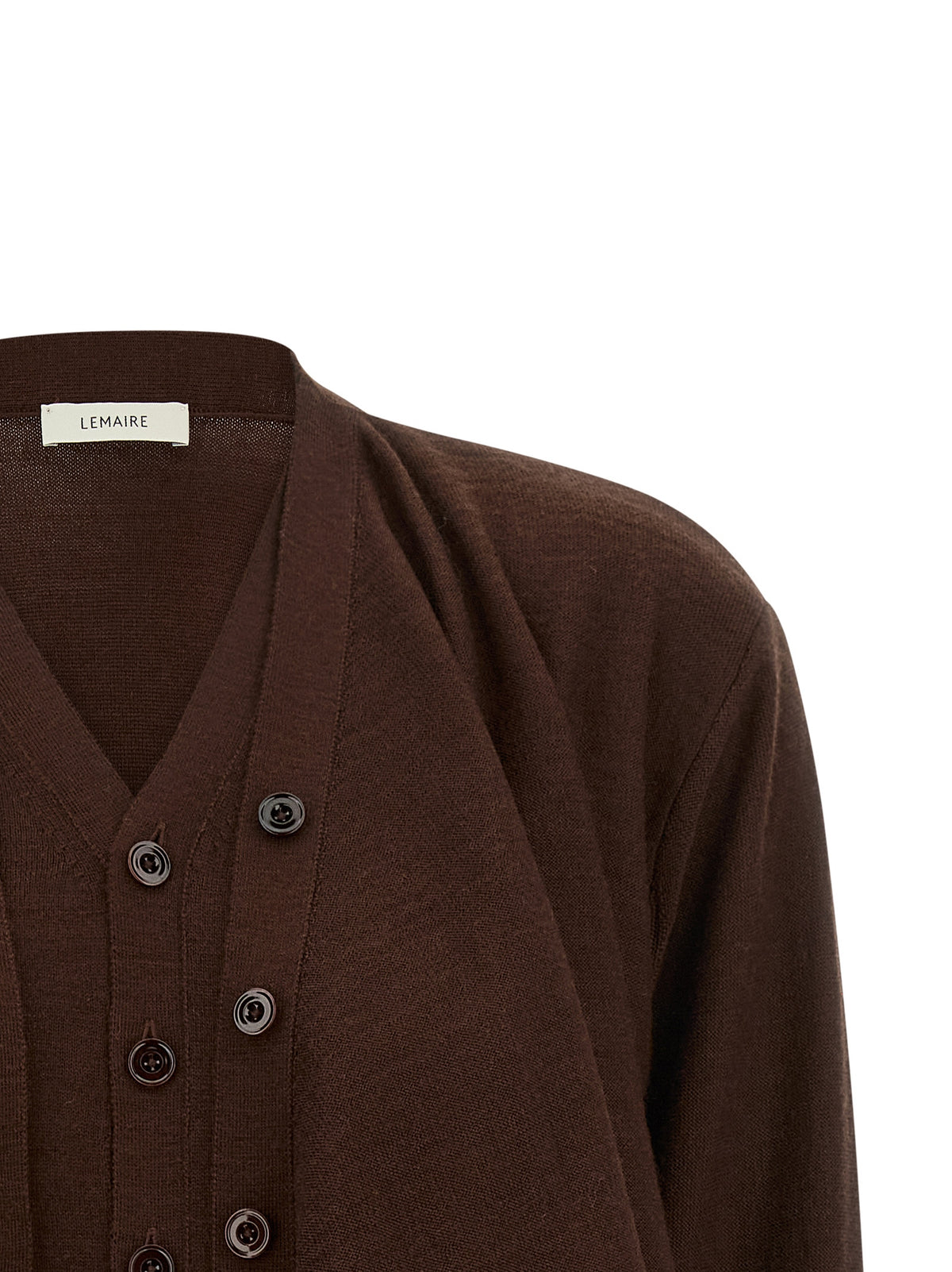 Cardigan by Lemaire for women in wool acrylic bordeaux features an impeccable silhouette, showcasing a sophisticated v-neck neckline and detail for a truly impeccable finish.