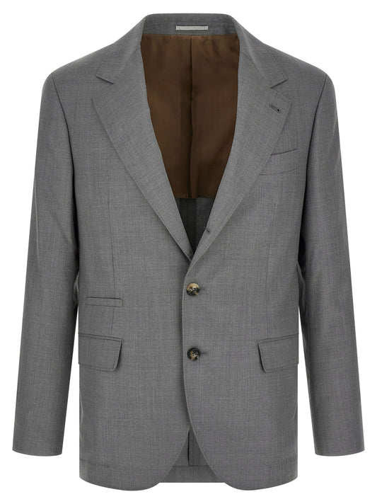 Brunello Cucinelli Men's Single Breasted Silk & Virgin Wool Blazer - Gray Horn