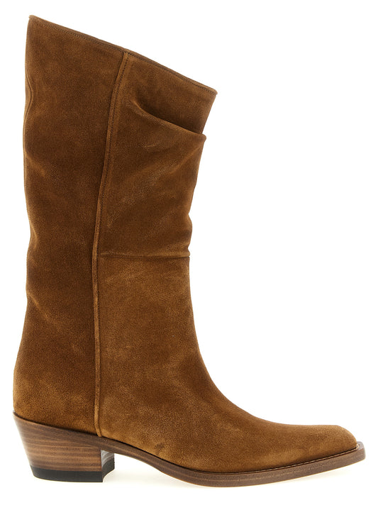 Chelsea Cowboy Mid-Calf Boots by Khaite for women in calfskin suede leather brown features an avant-garde Women's Calfskin Suede Leather Chelsea Cowboy Mid-Calf Boots silhouette, defined by a sophisticated block-heel and a avant-garde .