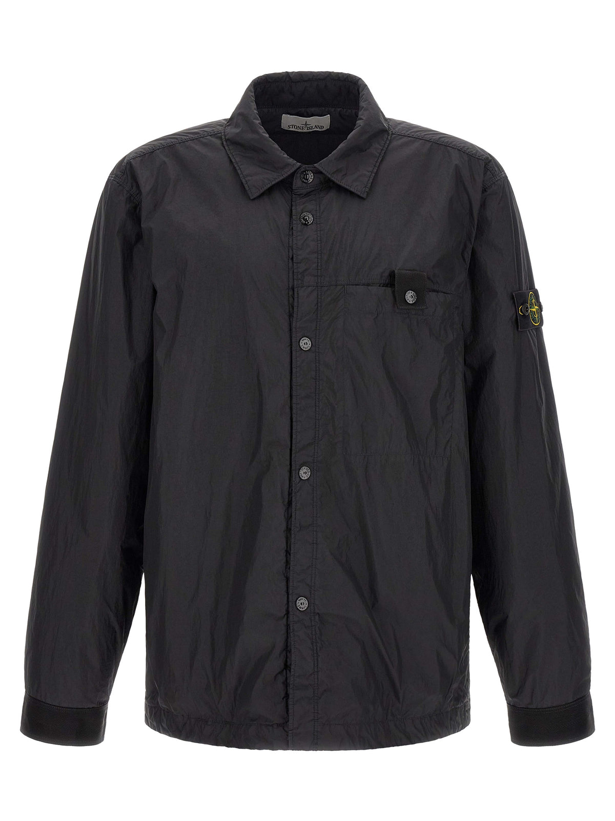 Windbreaker Jacket by Stone Island for men in nylon & resin black & signature presents a resilient silhouette, artfully detailed with a sophisticated shirt-collar neckline and functional lightweight & windproof for a resilient finish.