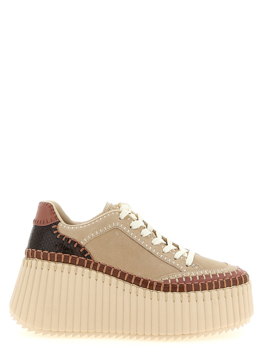 Platform Wedge Sandals by Chloé for women in polyester suede leather and beige presents a captivating silhouette, showcasing the signature style of the Women's Polyester Suede Leather Platform Wedge Sandals with a captivating platform wedge and captivating .