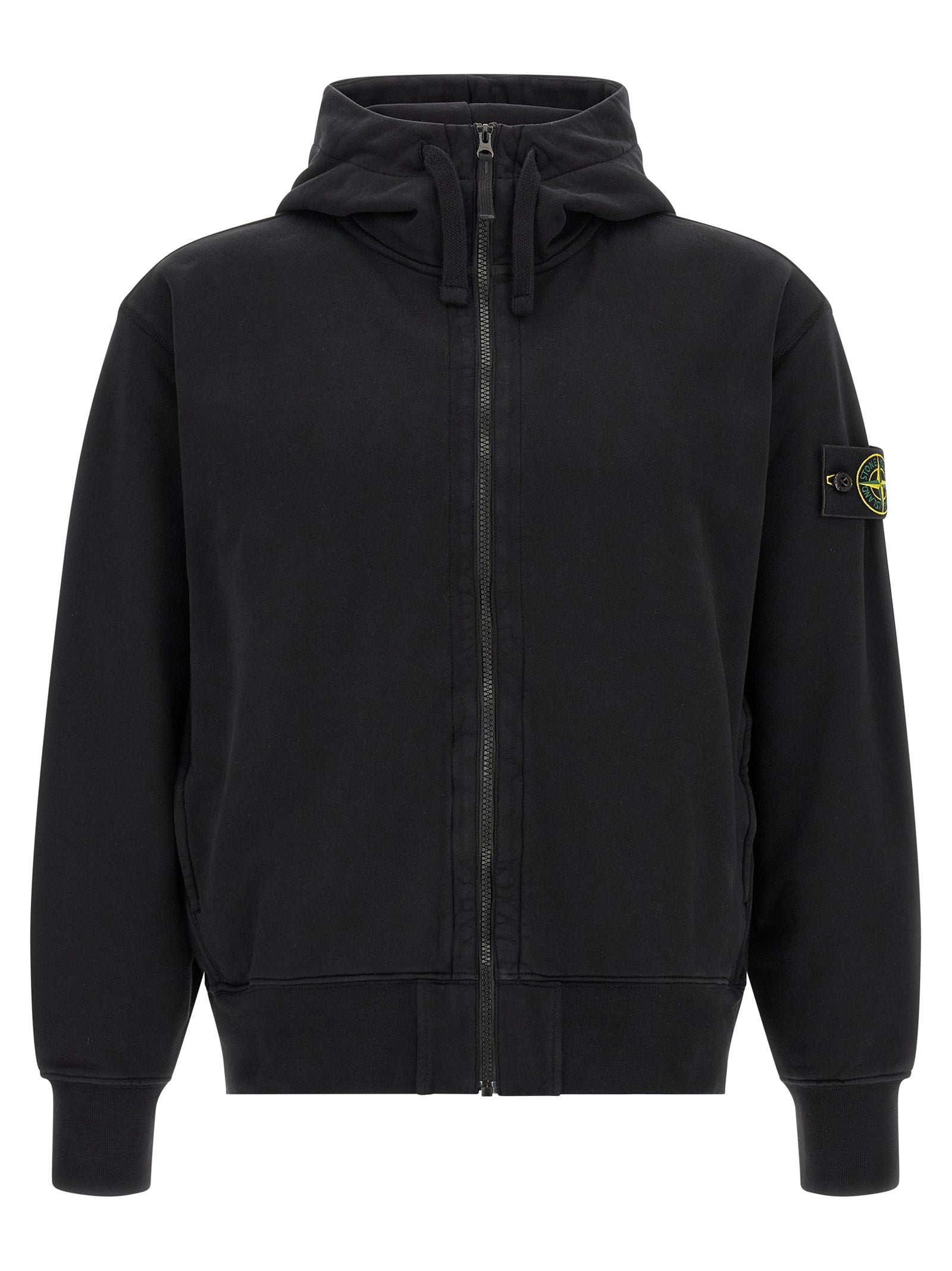 Sweatshirt Hoodie by Stone Island for men in cotton black, rose & signature features an dramatic silhouette, showcasing a sophisticated hooded neckline and dramatic for a refined, modern aesthetic.