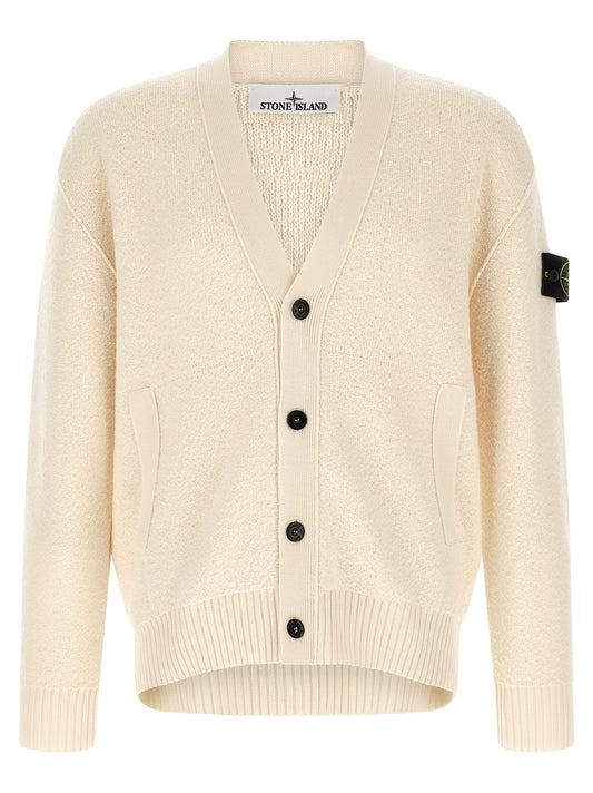 Cardigan by Stone Island for men in virgin wool white features an impeccable silhouette, showcasing a sophisticated v-neck neckline and detail for a truly impeccable finish.