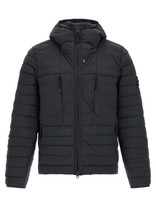 Hooded Puffer Jacket by Stone Island for men in stretch polyamide blue presents a effortlessly chic silhouette, showcasing a sophisticated hooded high-neck neckline and premium hooded & insulated for a truly effortlessly chic finish.